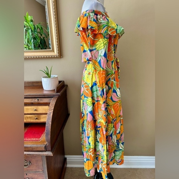 J Crew Belted Midi Dress Off Shoulder Ruffle Tropical Floral Print Size S NWT - Picture 11 of 14
